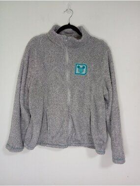 Disney Womens Fuzzy Zip-Up Jacket Mickey Patch Light Gray Size L Cozy & Stylish